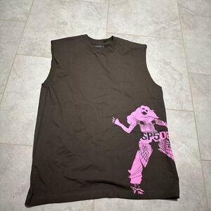 Black Sleeveless Graphic Tee with Pink Design